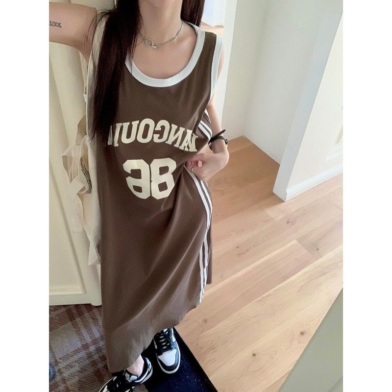 Summer Sports Sleeveless Pullover Round Neck Print Loose Casual Maxi Dress