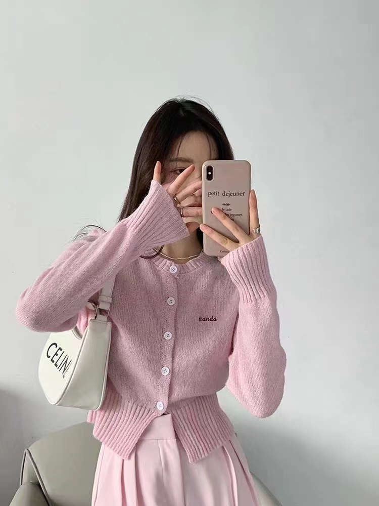 ICHO Autumn and Autumn Gray Round Neck Slim Mohair Knit Cardigan Women 2023 Early Spring Temperament Versatile Tops