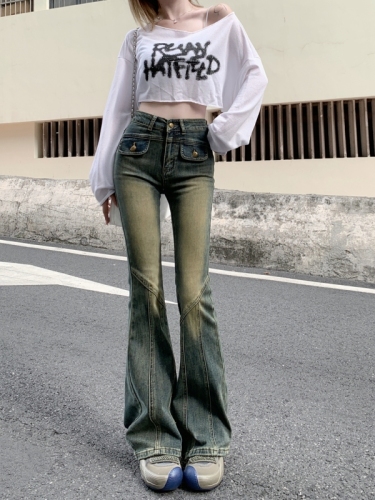 New style stretch micro-flared denim trousers women's design pocket flap splicing wide-leg trousers