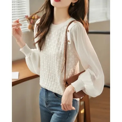 Mesh lace chiffon shirt women's autumn clothing 2023 autumn new loose all-match top ladies bottoming shirt