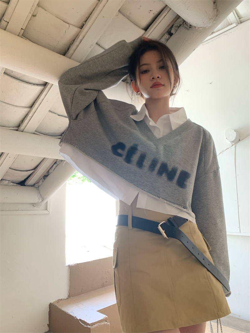 Official picture Big Fish Scale Autumn Fake Two-piece Design Sweatshirt Women's High Waist Short