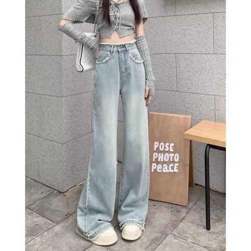 Retro all-match thin wide-leg jeans women's loose straight high-waisted small trousers mopping trousers thin section