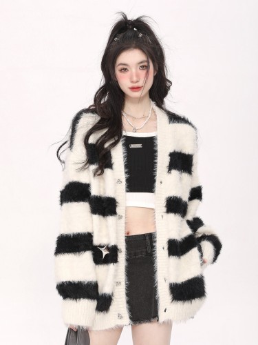Knitted sweater striped color contrasting national tide self-made trendy brand imitation mink fur cardigan sweater lazy coat