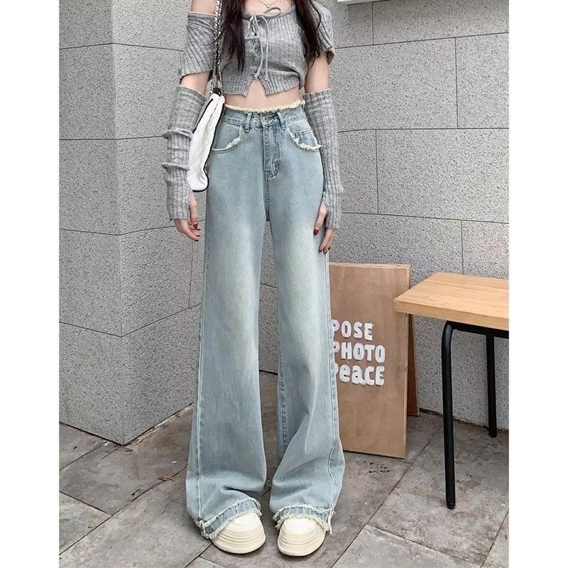Retro all-match thin wide-leg jeans women's loose straight high-waisted small trousers mopping trousers thin section