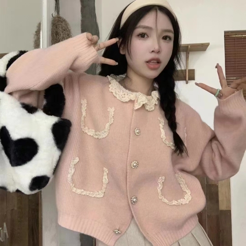 Spring and Autumn Korean Knitted Cardigan Jacket Women 2023 Autumn New Short Gentle Lazy Wind Pink Sweater Top