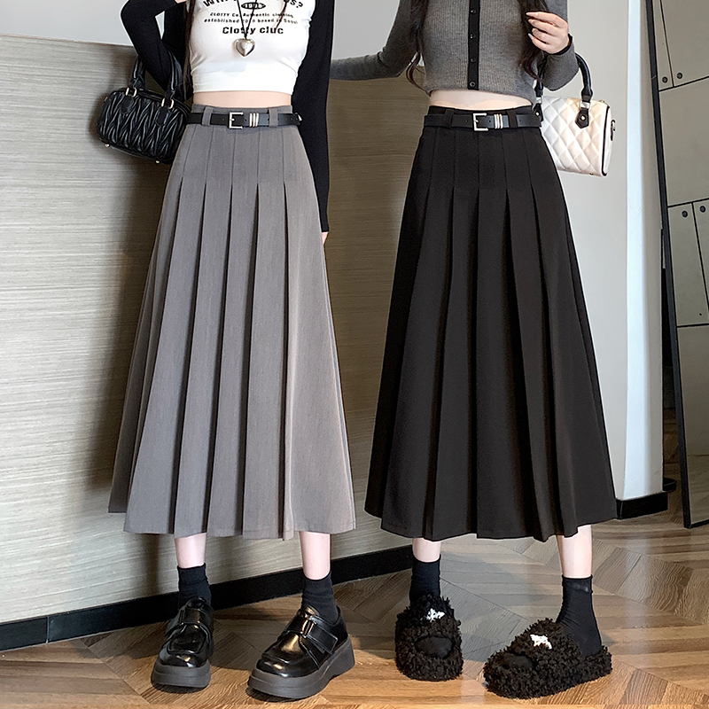 Gray suit skirt women's 2023 autumn mid-length pleated high waist slimming drape a-line long skirt
