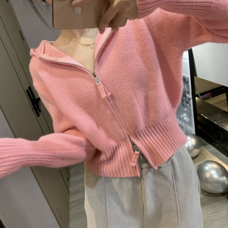 Double zipper pink sweater women's design sense niche autumn and winter new lazy wind outerwear hooded cardigan knitted jacket