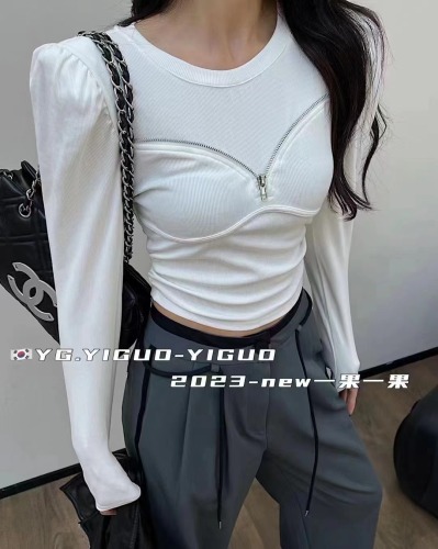 2023 autumn Korean style long-sleeved t-shirt female zipper temperament sweet and sexy round neck puff sleeves slim fit and thin all-match