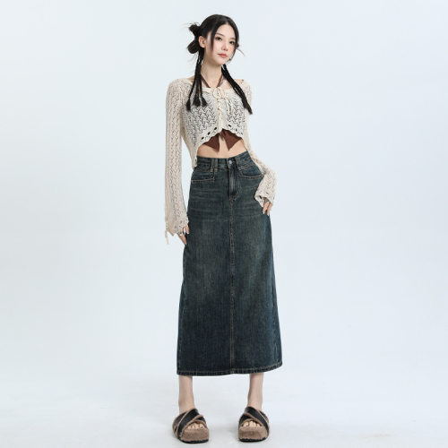 ~2023 autumn new products, non-stretch, Korean version, all-match trendy design, retro ins trendy denim mid-length skirt for women