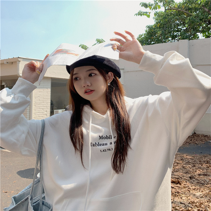 Plus velvet thick letter printing pink hooded sweater women's new loose bf lazy wind pullover long-sleeved top