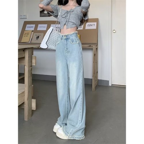 Retro all-match thin wide-leg jeans women's loose straight high-waisted small trousers mopping trousers thin section