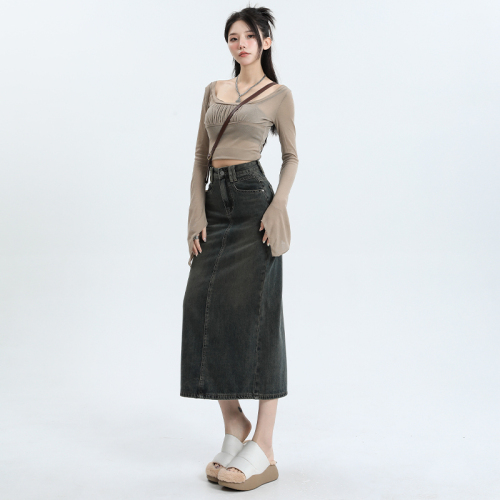 ~2023 autumn new products, non-stretch, Korean version, all-match trendy design, retro ins trendy denim mid-length skirt for women