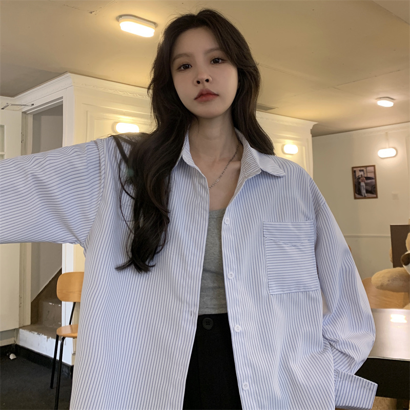 Japanese style blue striped long-sleeved shirt women's spring and autumn top design sense niche