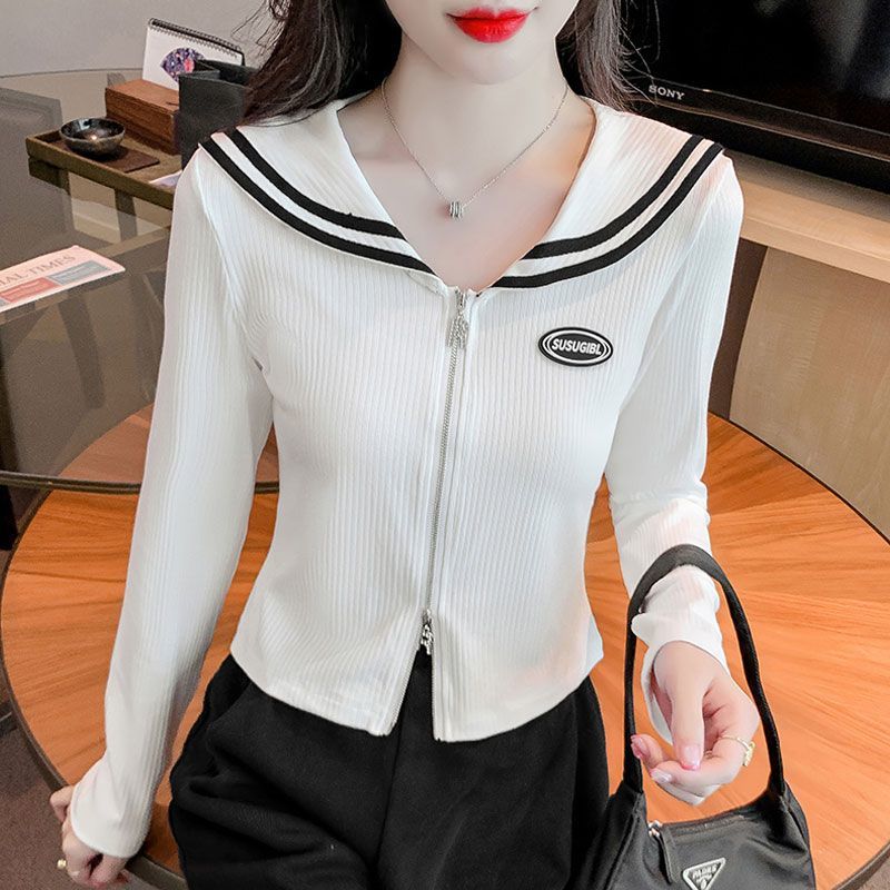 Autumn zipper knitted sweater women's 2023 new navy collar foreign style age-reducing self-cultivation short long-sleeved top mercerized cotton