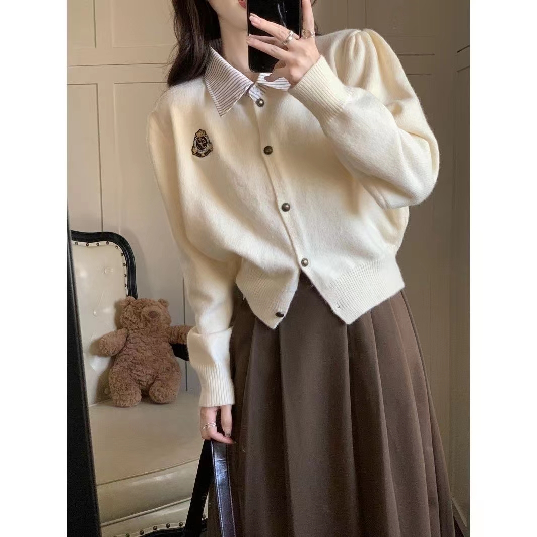 Back to school holiday two-piece POLO collar cardigan sweater women's autumn and winter new college style short knitted jacket tops