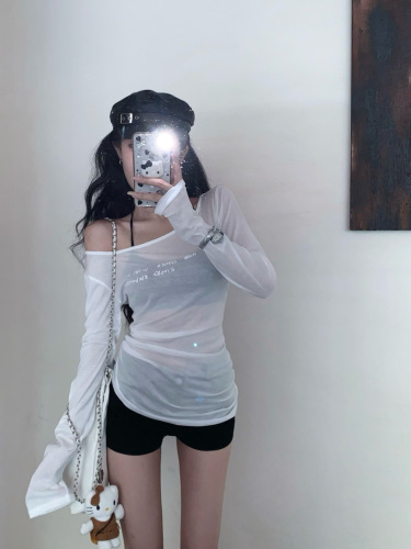 Sunscreen fabric strapless long-sleeved sunscreen T-shirt women's summer new thin section pure desire self-cultivation letter printing