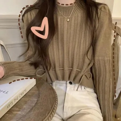 Round neck pullover design sense drawstring knitted sweater short bottoming shirt top