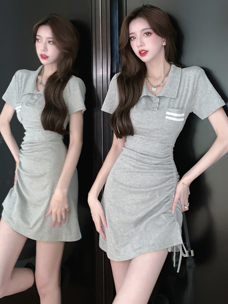 Polo collar dress Korean summer new sexy fashion waist slim drawstring hot girl bag hip short-sleeved skirt
