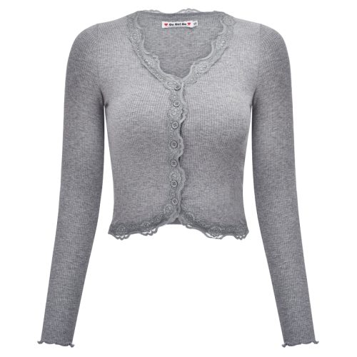 Official picture Cotton-like ribbed pull frame hot girl lace sexy knitted ice silk thin long-sleeved shirt for women
