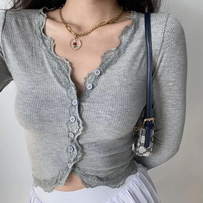 Official picture Cotton-like ribbed pull frame hot girl lace sexy knitted ice silk thin long-sleeved shirt for women