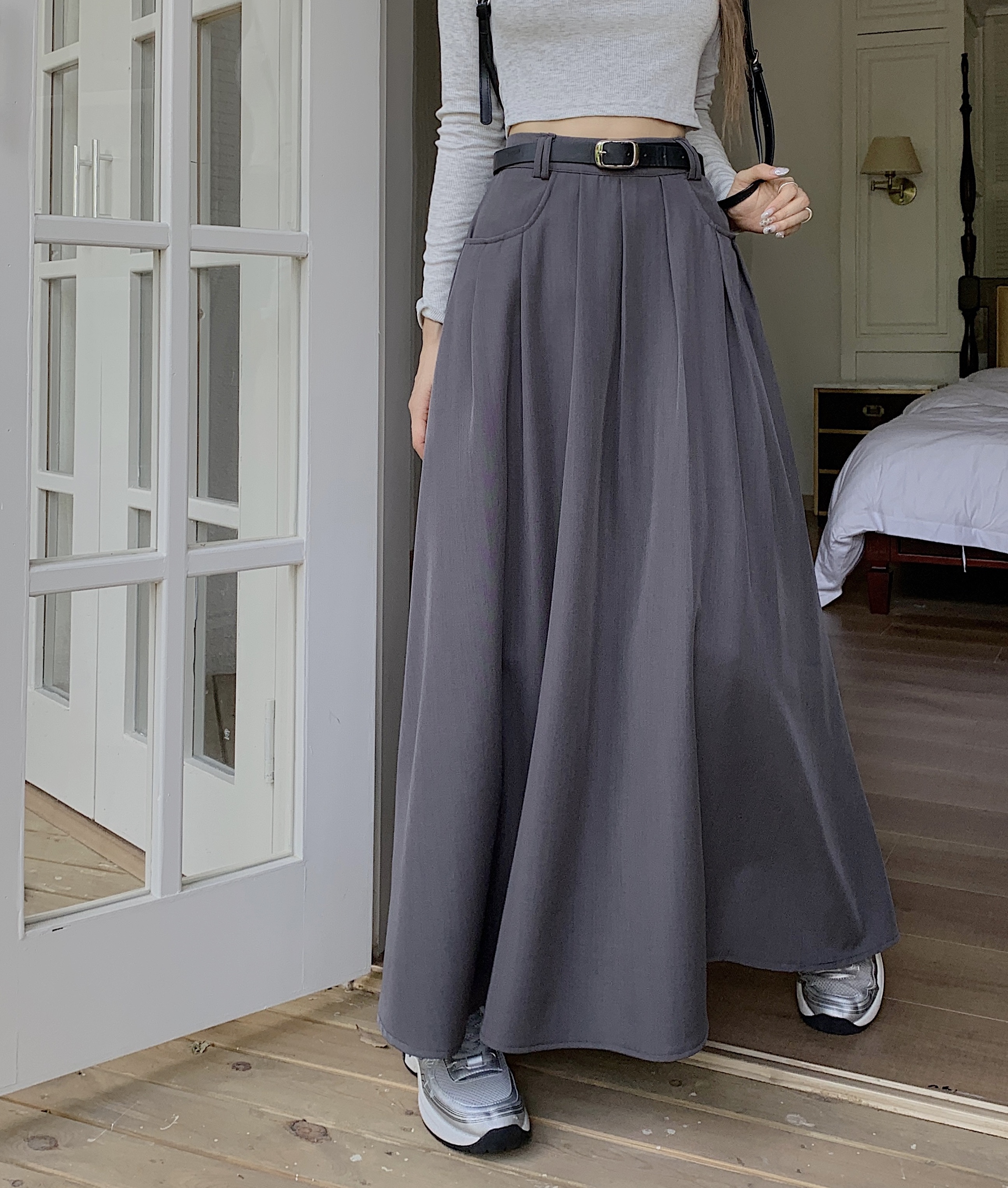 ~Give belt 2023 autumn new high waist big swing pleated mid-length suit skirt a-line skirt