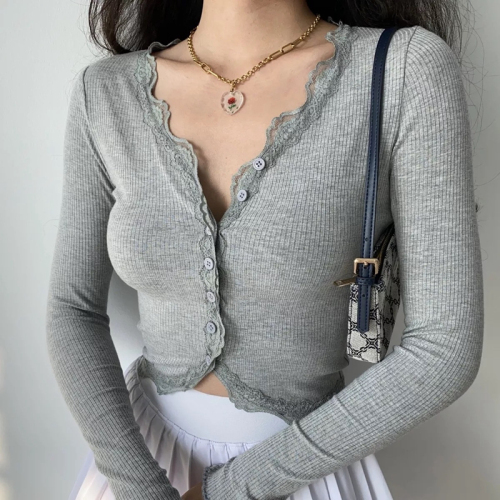 Official picture Cotton-like ribbed pull frame hot girl lace sexy knitted ice silk thin long-sleeved shirt for women