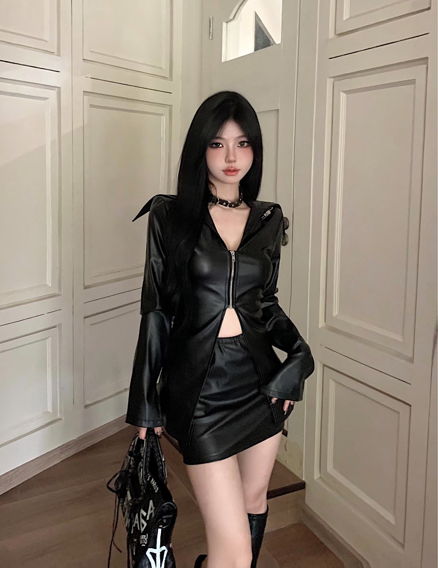 ~Design splicing PU leather zipper shirt women + high waist short skirt two-piece trendy