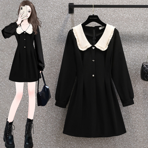 Autumn new large size doll collar black skirt waist temperament short long-sleeved dress M-4XL200 catties