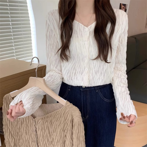 Large size fat MM long-sleeved shirt female design sense niche shirt spring and autumn new V-neck retro Hong Kong style chic top
