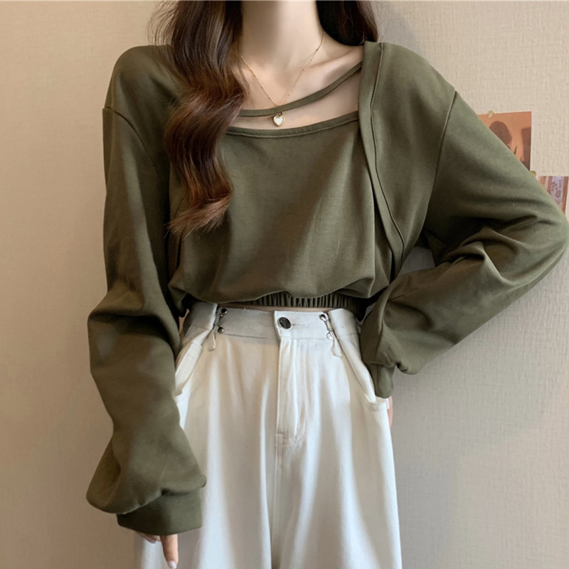 Autumn and winter French clavicle square collar niche unique design chic and thin short long-sleeved top female small