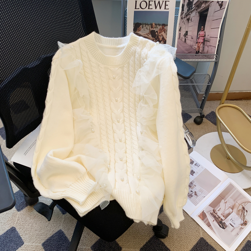 Round neck sweater women's 2023 autumn new top gentle atmosphere mesh stitching wool sweater