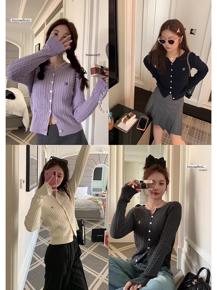 im to V-neck twist texture knitted sweater coat women's spring lazy contrast color letter embroidery top