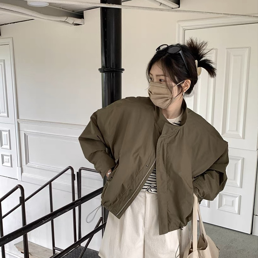 Army green stand-up collar jacket autumn new jacket windbreaker zipper short high waist spring and autumn jacket