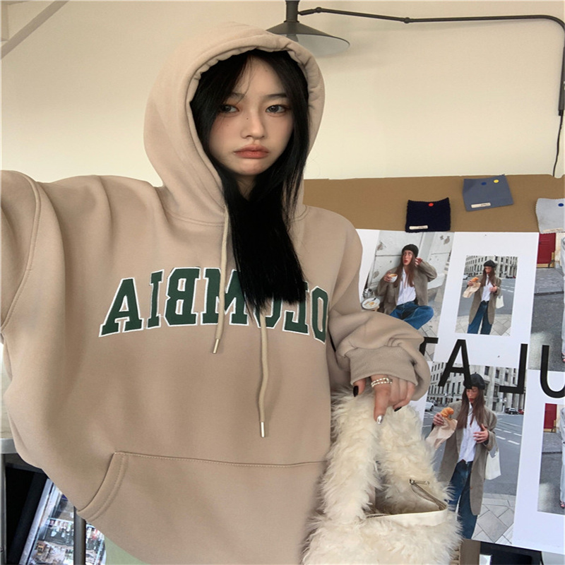 Hooded sweater oversize trendy brand women plus velvet thickened letters embroidered top autumn and winter loose lazy wind jacket