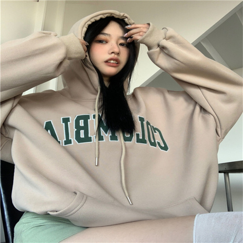 Hooded sweater oversize trendy brand women plus velvet thickened letters embroidered top autumn and winter loose lazy wind jacket