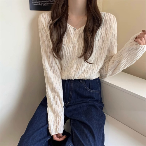 Large size fat MM long-sleeved shirt female design sense niche shirt spring and autumn new V-neck retro Hong Kong style chic top