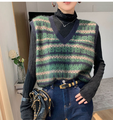 French style layered contrast color jacquard v-neck sweater women's clothing 2023 autumn and winter new knitted vest knitted vest