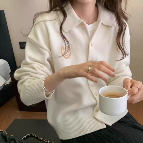 Embroidered POLO Lapel Sweater Jacket Women's Autumn and Winter Retro Lazy Loose Outerwear High-quality Knitted Cardigan