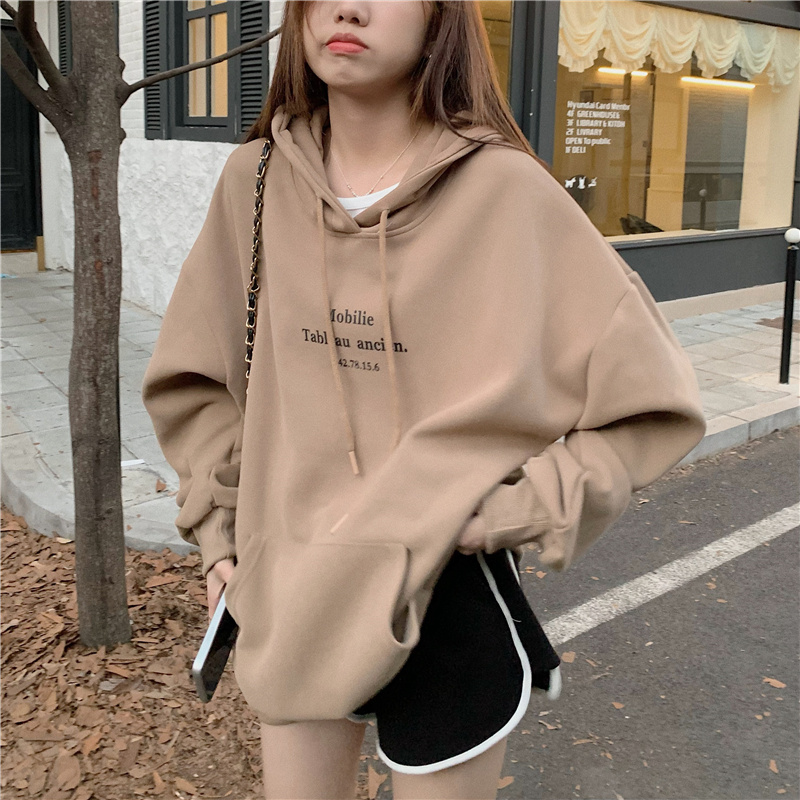 Plus velvet thick letter printing pink hooded sweater women's new loose bf lazy wind pullover long-sleeved top