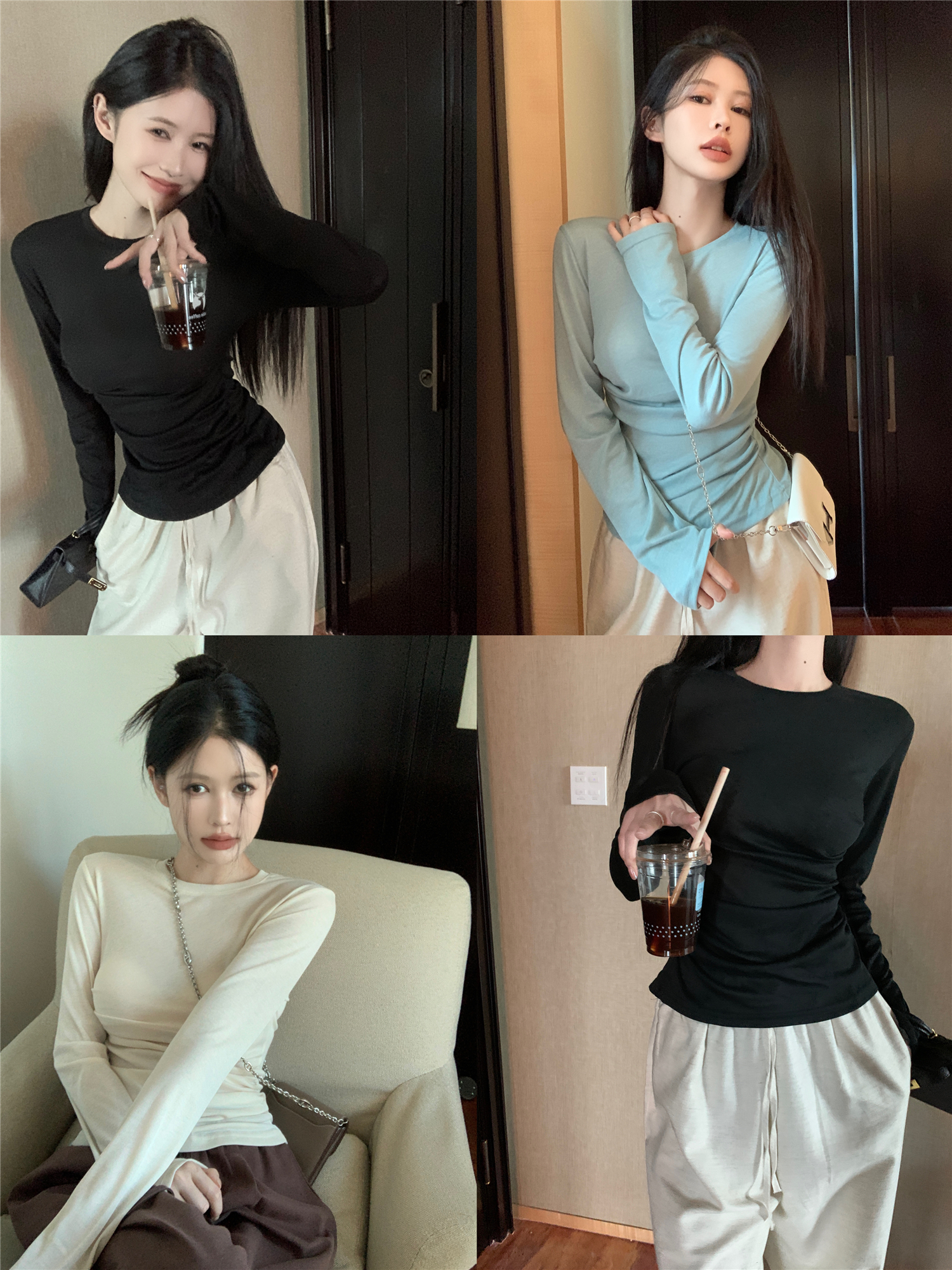 ~Early autumn new pleated sunscreen shirt slim fit simple round neck Korean version single wear bottoming long-sleeved top