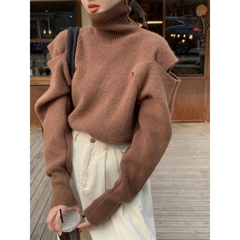 Hong Kong style all-match women's long-sleeved off-shoulder hollow design sense niche French high-necked top clothes ins deer plush