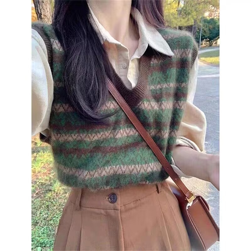 French style layered contrast color jacquard v-neck sweater women's clothing 2023 autumn and winter new knitted vest knitted vest