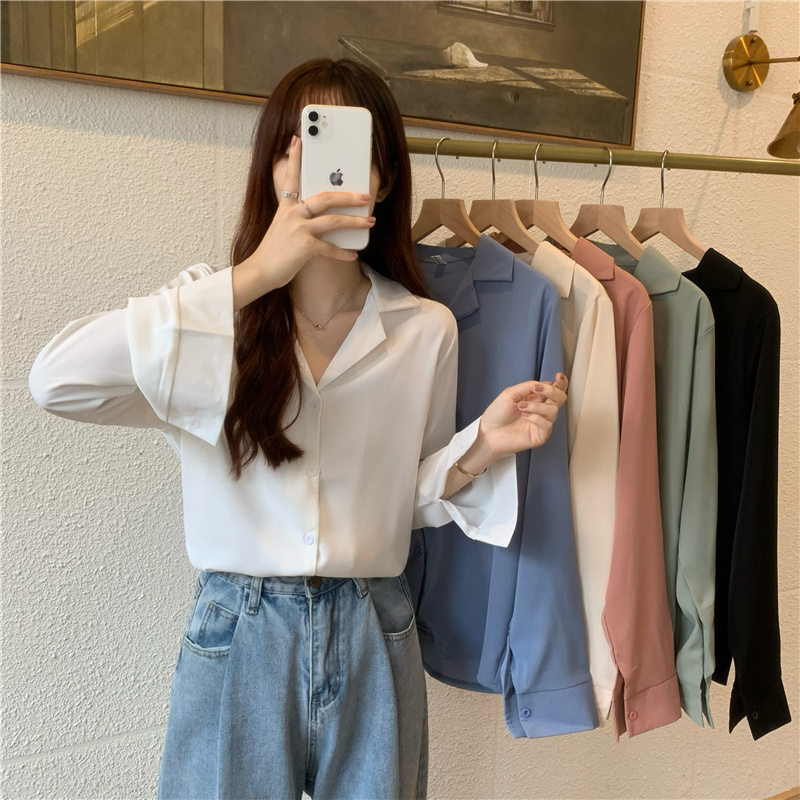 Korean version of V-neck slim suit collar all-match long-sleeved shirt top women