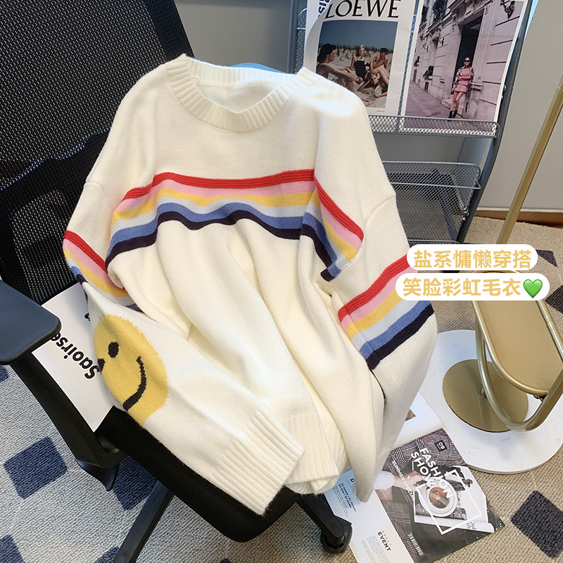 Smiling face sweater age-reducing ghost horse round neck sweater early autumn all-match contrast color pullover women's loose lazy top