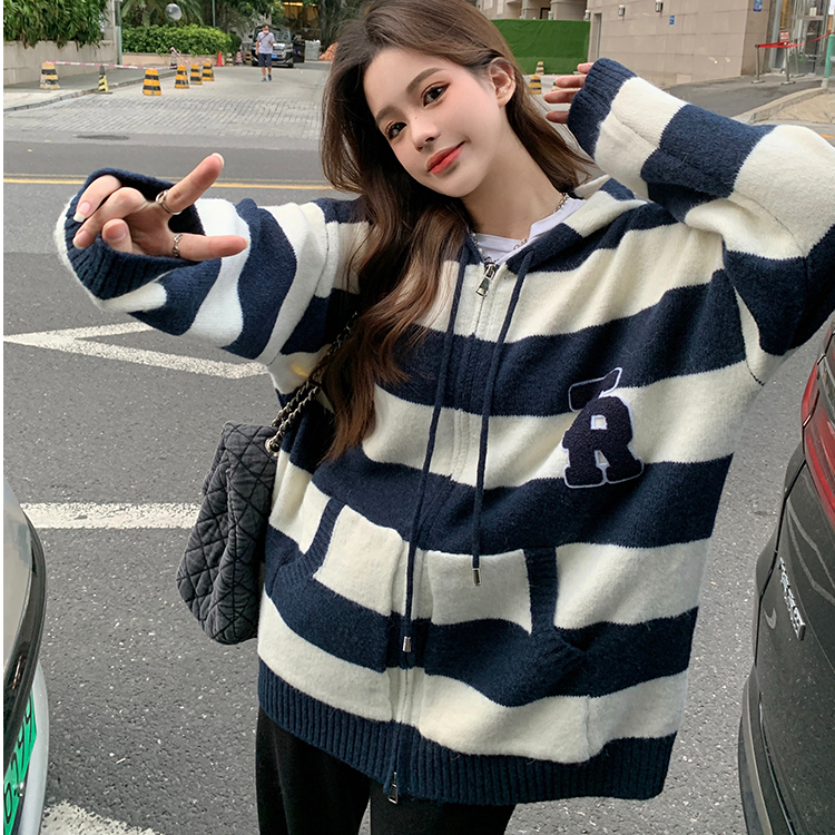 2023 Zipper Cardigan Striped Sweater Jacket Women's Loose Appliqué Embroidered Double Zipper Knitwear Top