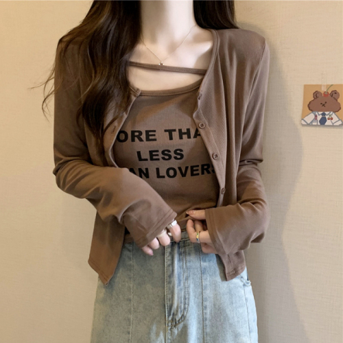 Large size autumn street sexy casual wind letter printing suspenders slim slim long-sleeved women's outer shirt two-piece set