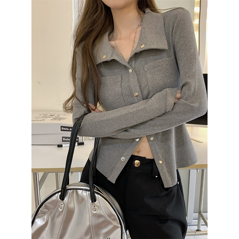 T-shirt women's spring and autumn short section niche design sense thin hot girl polo shirt white tight long-sleeved cardigan top