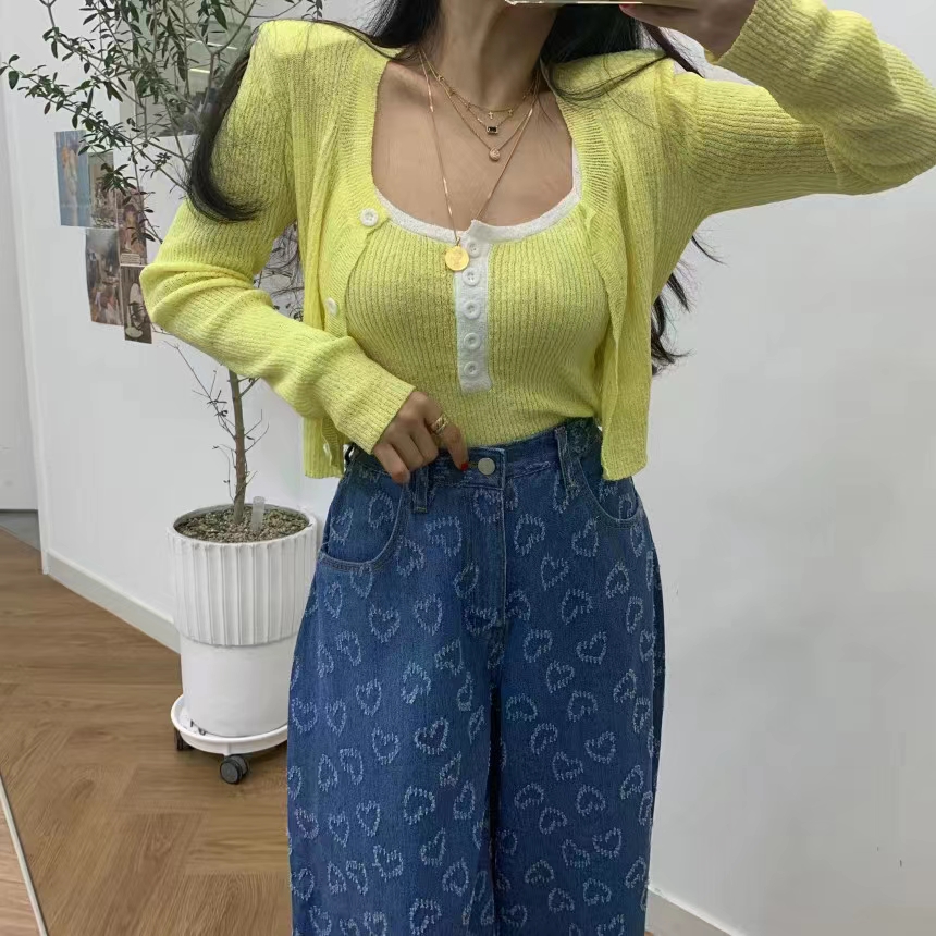 Korean fashion ins blogger short cardigan camisole two-piece set