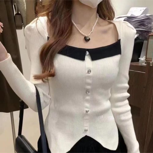 Tmall quality French square collar puff sleeve knitted sweater women's bottoming shirt design sense inner sweater top