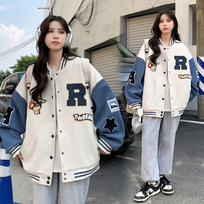 Fleece baseball uniform women's autumn and winter new American style retro student sweater all-match loose